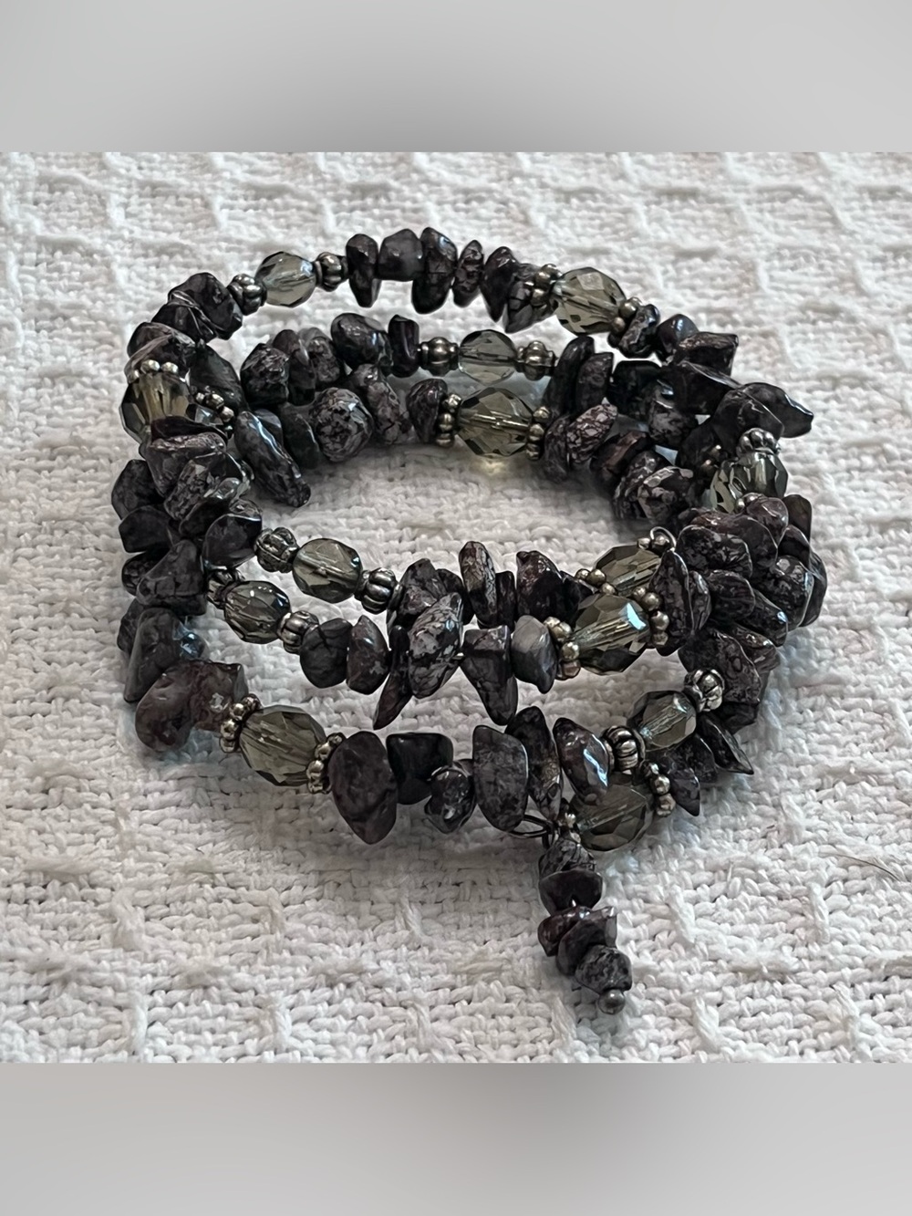 Handmade Stone Chip Memory Wire Wrap Bracelet Smoky Boho